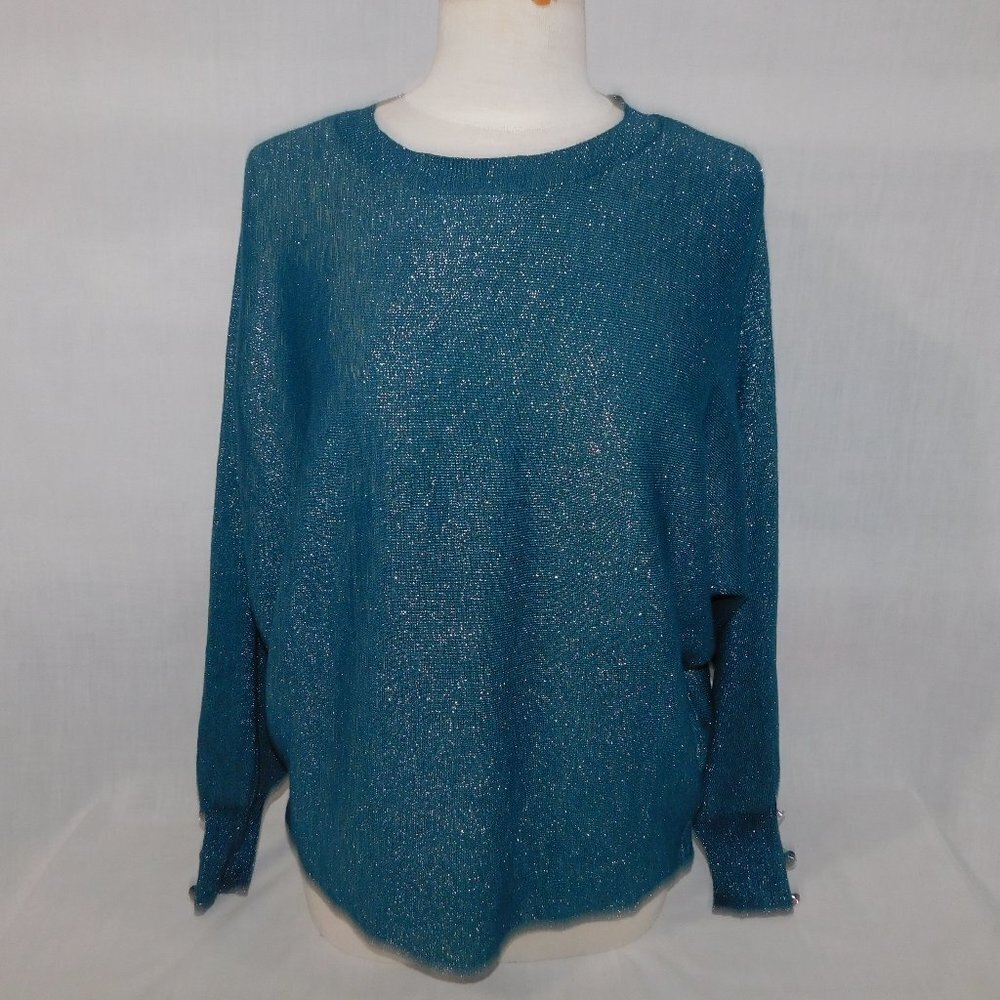 Sparkle Glitter Blue oversized Wing Sleeve Top Sweater Suzy Shier Womens L